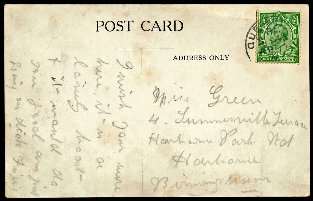 A postcard written by a maid on the Titanic to a friend which said “wish you were here” is expected to fetch more than £20,000 at auction.