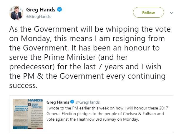 Greg Hands resigns (c) Twitter