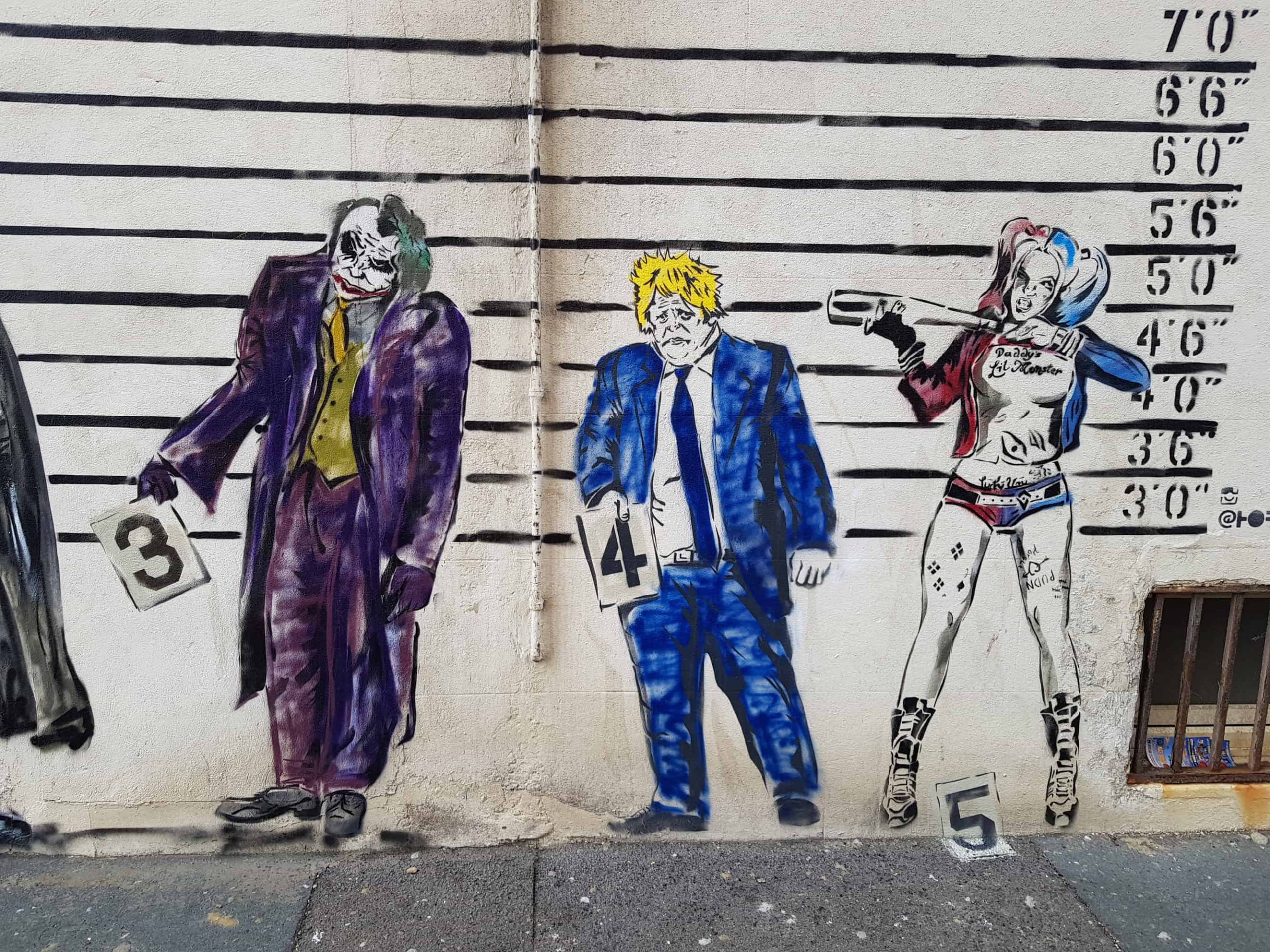 Boris Johnson painted in police-style line-up