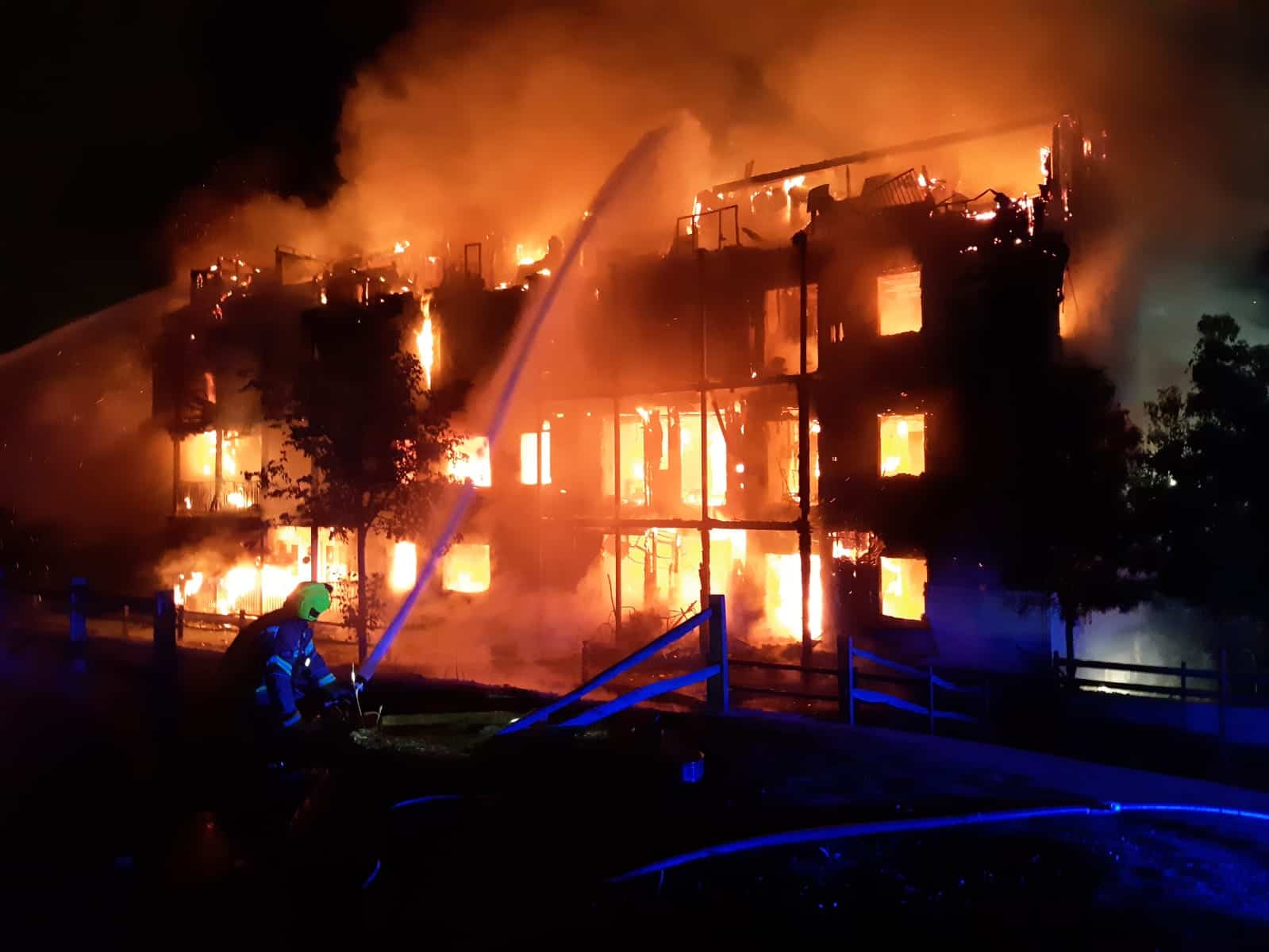 Handout photo taken from the Twitter feed of London Fire Brigade @LondonFire showing a four-storey block of flats engulfed in flames in Sherbrooke Way, Worcester Park, south-west London. A total of 20 fire engines and 125 firefighters were sent to the scene.