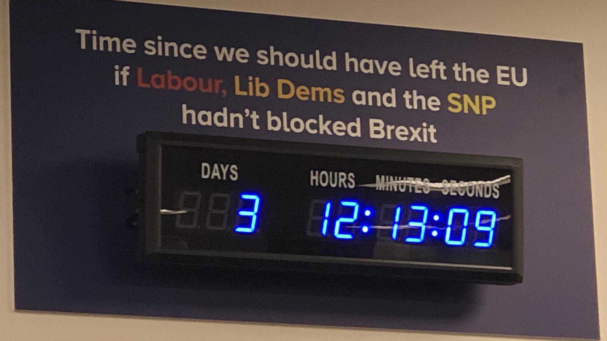 Countdown clock at Tory HQ now counting upwards since UK ‘should have left EU’