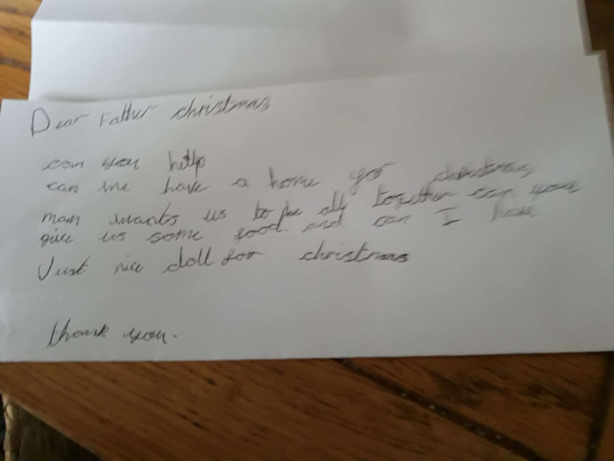 Child, seven, writes heartbreaking letter to Father Christmas asking for house & food