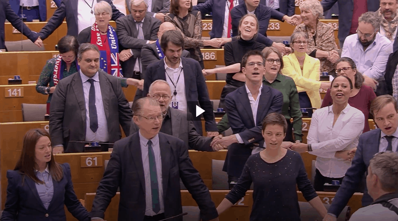 After Farage’s antics MEPs hold hands and sing Auld Lang Syne to bid UK goodbye