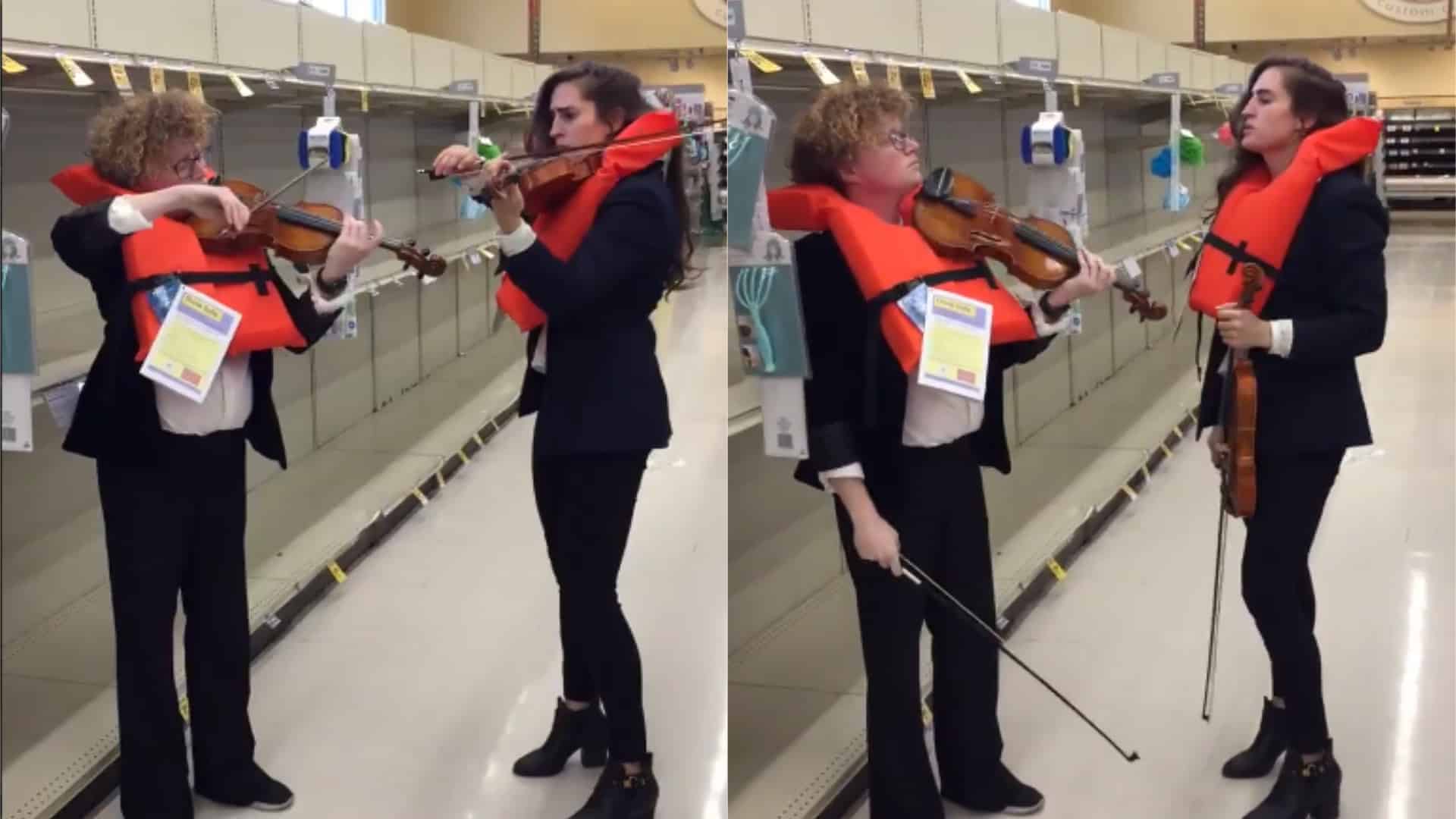 Coronavirus – Violinists serenade empty toilet roll aisle with song from Titanic