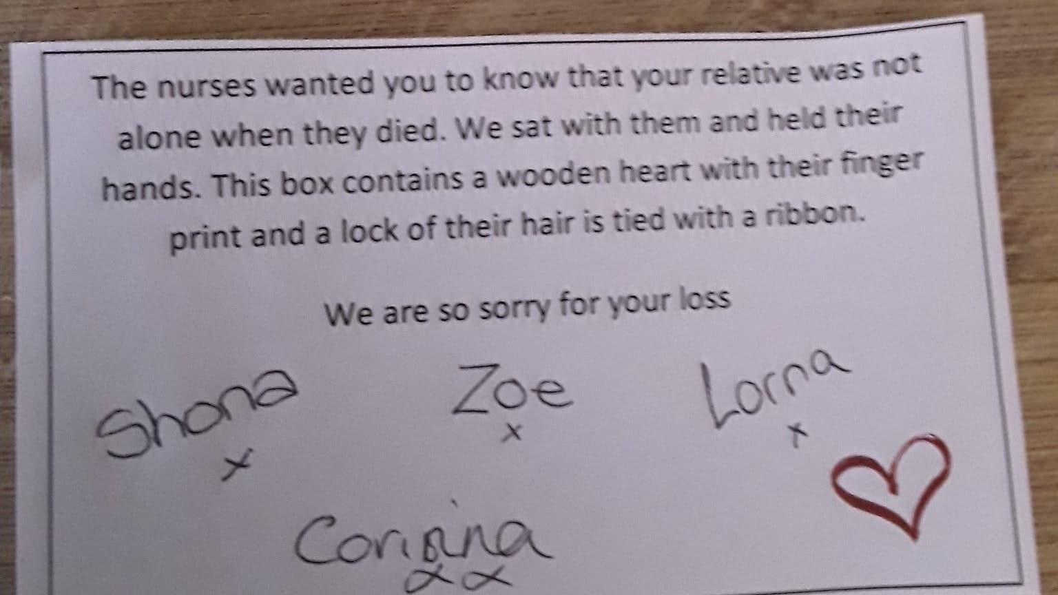 Relative finds note from nurses after collecting mother’s belongings