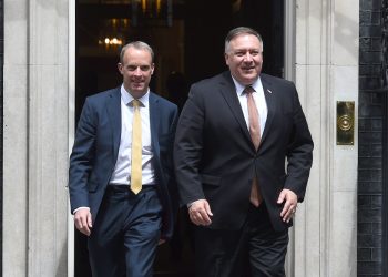 Foreign Secretary Dominic Raab (left) and United States Secretary of State, Mike Pompeo, leaving 10 Downing Street, London, following a private meeting with Prime Minister Boris Johnson. PA Photo. Picture date: Tuesday July 21, 2020. During the visit Mr Pompeo was expected to discuss global priorities, including the Covid-19 economic recovery plans, issues related to China and Hong Kong, and the US-UK free trade agreement negotiations. He will leave the UK on July 22 to travel to Denmark. See PA story POLITICS China. Photo credit should read: Kirsty O'Connor/PA Wire