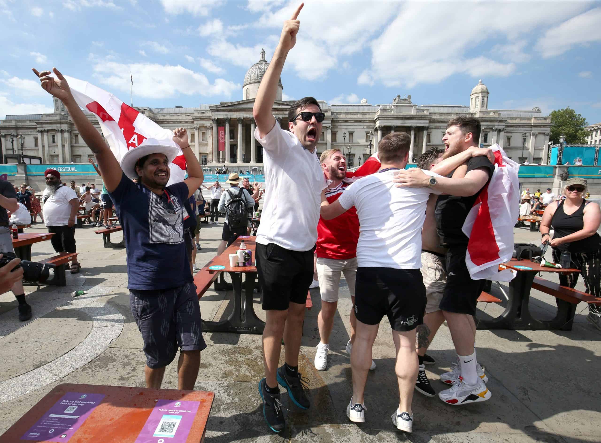 Key workers celebrate England’s win over Croatia in Trafalgar Square