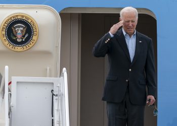 President Joe Biden salutes as he boards Air Force One upon departure, Wednesday, June 9, 2021, at Andrews Air Force Base, Md. Biden is embarking on the first overseas trip of his term, and is eager to reassert the United States on the world stage, steadying European allies deeply shaken by his predecessor and pushing democracy as the only bulwark to the rising forces of authoritarianism. (AP Photo/Alex Brandon)