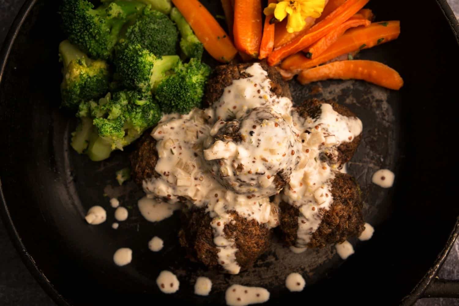 Mushroom & Butter Bean Balls with Twice Roasted Carrots & Broccoli