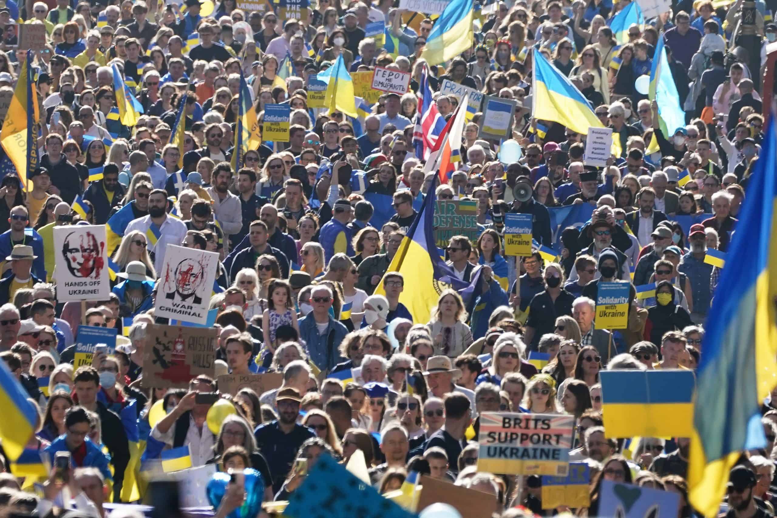 Watch: Tens of thousands march in solidarity with people of Ukraine