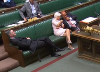 Leader of the House of Commons Jacob Rees-Mogg reclining on his seat in the House of Commons London.