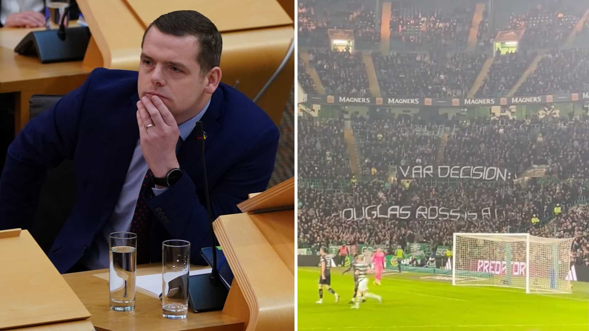 Douglas Ross responds after huge banner is unveiled during a Scottish Cup match he was refereeing