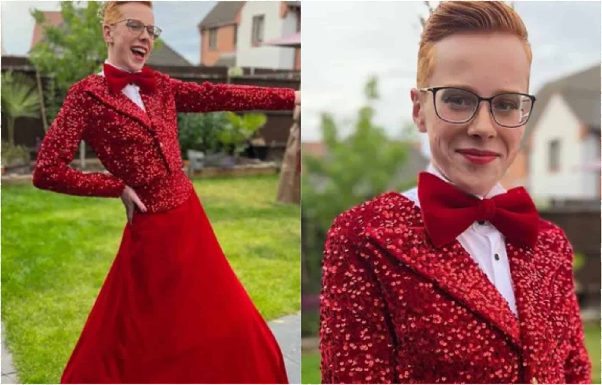 Boy, 16, who wore bright red skirt and sequinned tuxedo jacket to prom goes viral