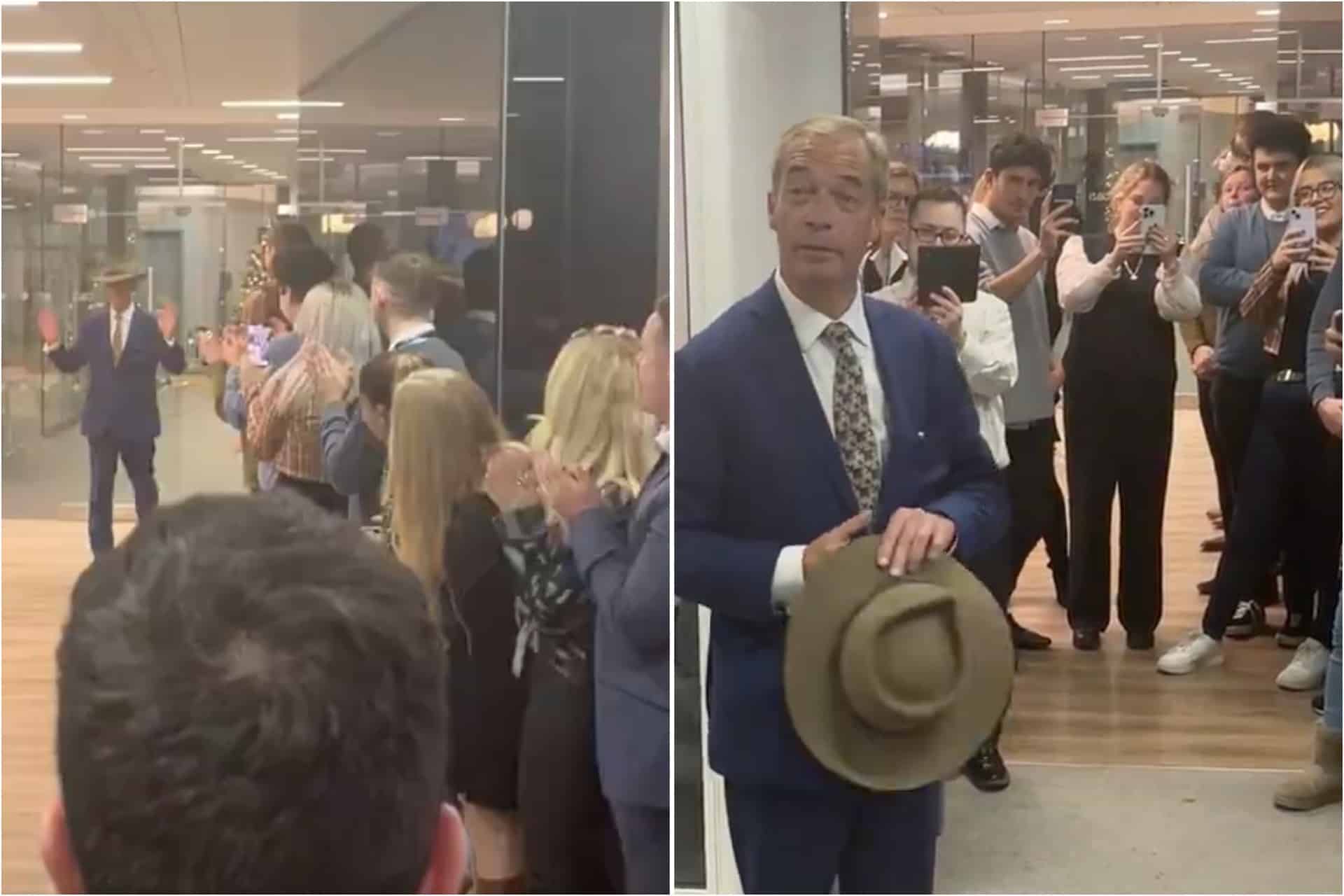 Nigel Farage gets a heroes welcome on return to GB News offices