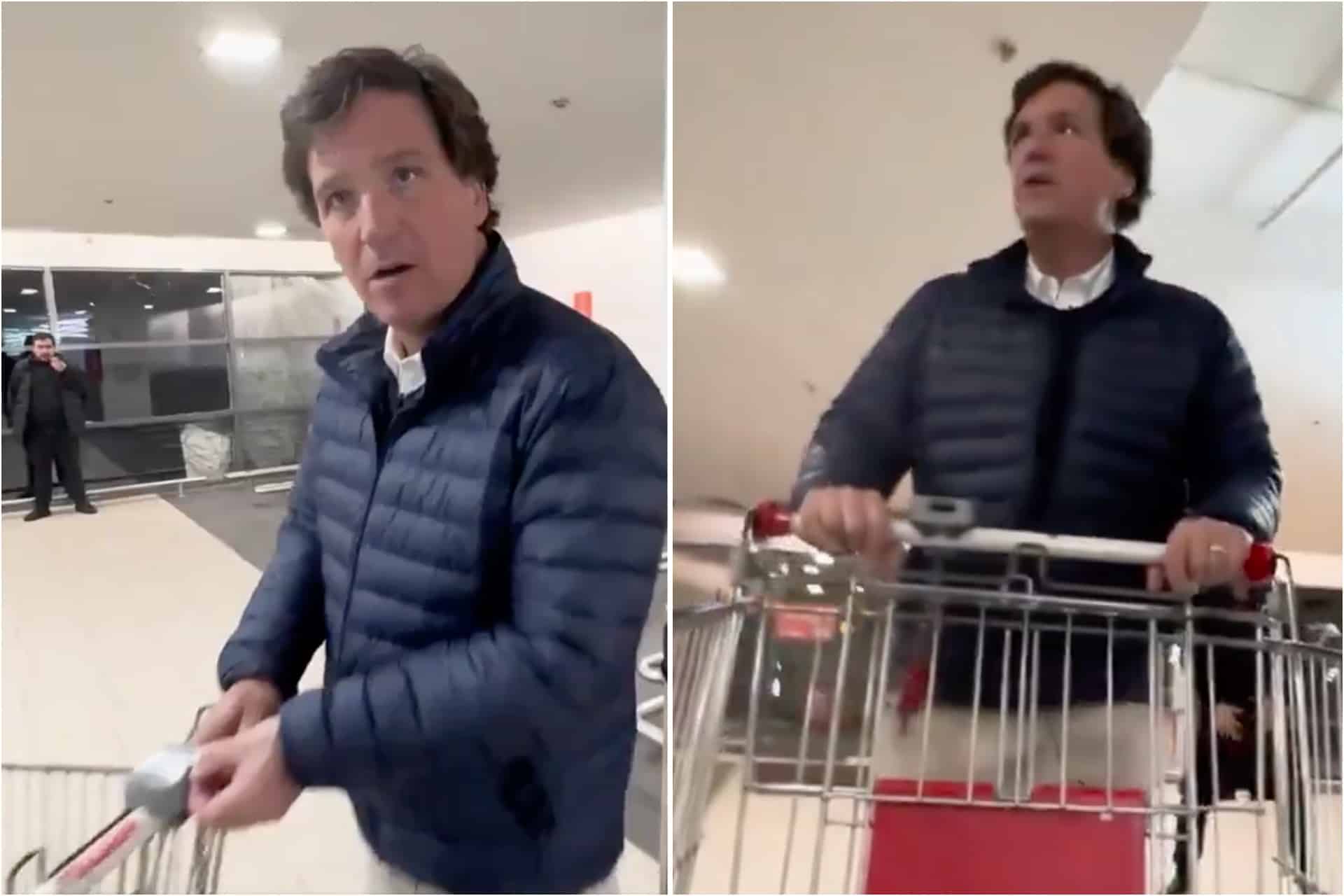 Tucker Carlson discovering coin function in Russian supermarket carts is pure slapstick