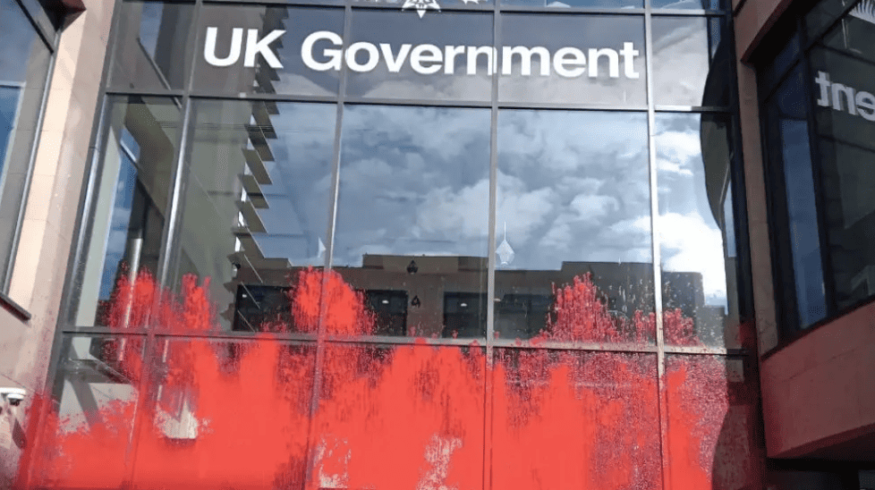 Red paint sprayed on UK Government building in Gaza protest