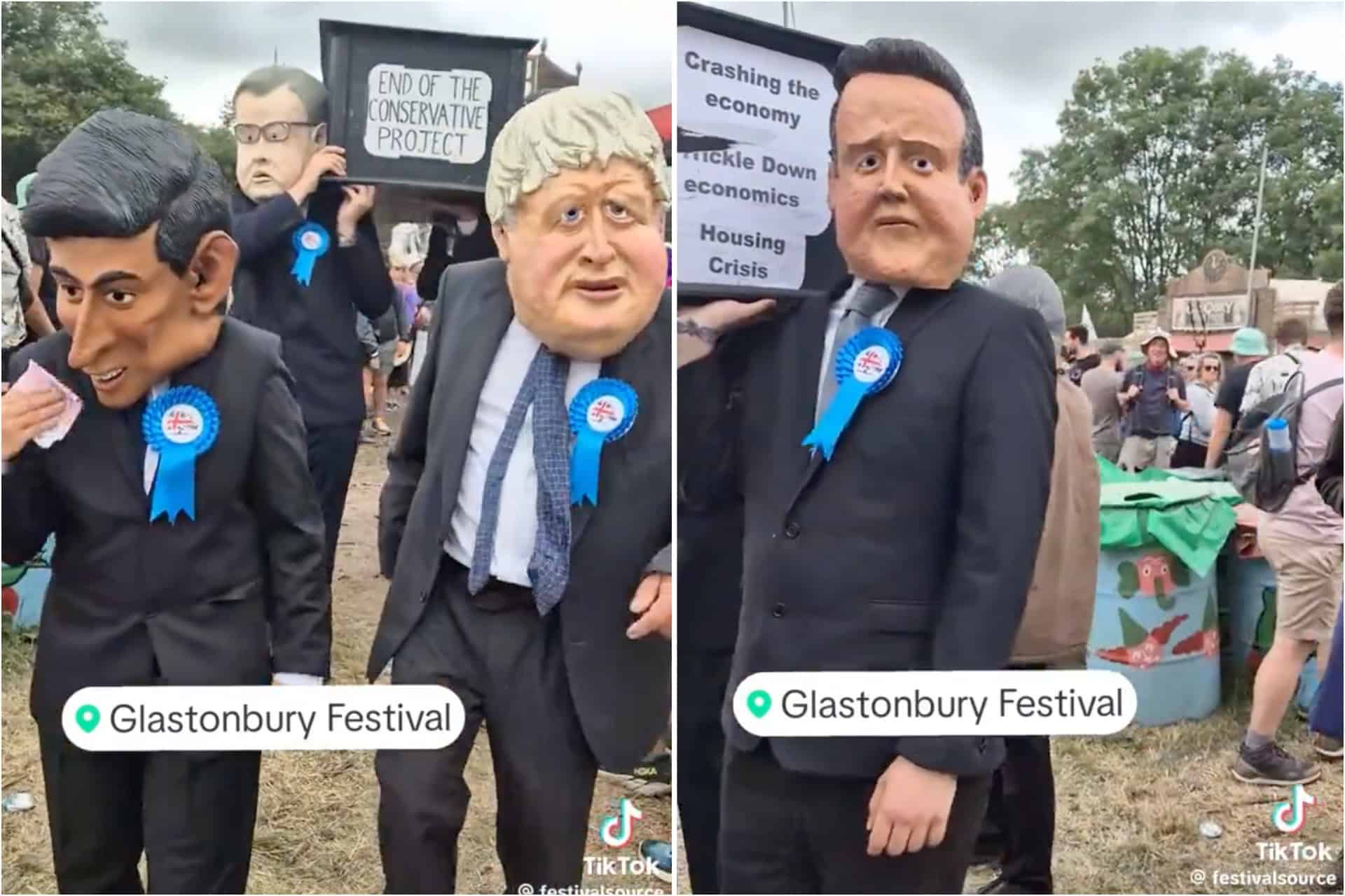 Sunak and Johnson effigies lead Tory funeral procession at Glastonbury