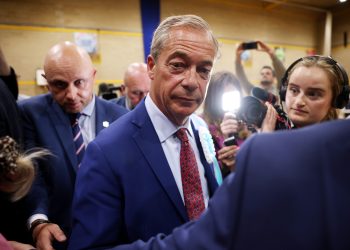 CLACTON-ON-SEA, ENGLAND - JULY 5: Reform UK leader Nigel Farage reacts after winning the Clacton and Harwich constituency on July 5, 2024 in Clacton-on-Sea, England. Nigel Farage wins Clacton and Harwich for Reform UK with 21,225 votes. Clacton 2024 is Nigel Farage's eighth attempt at a seat in the UK parliament. (Photo by Dan Kitwood/Getty Images)