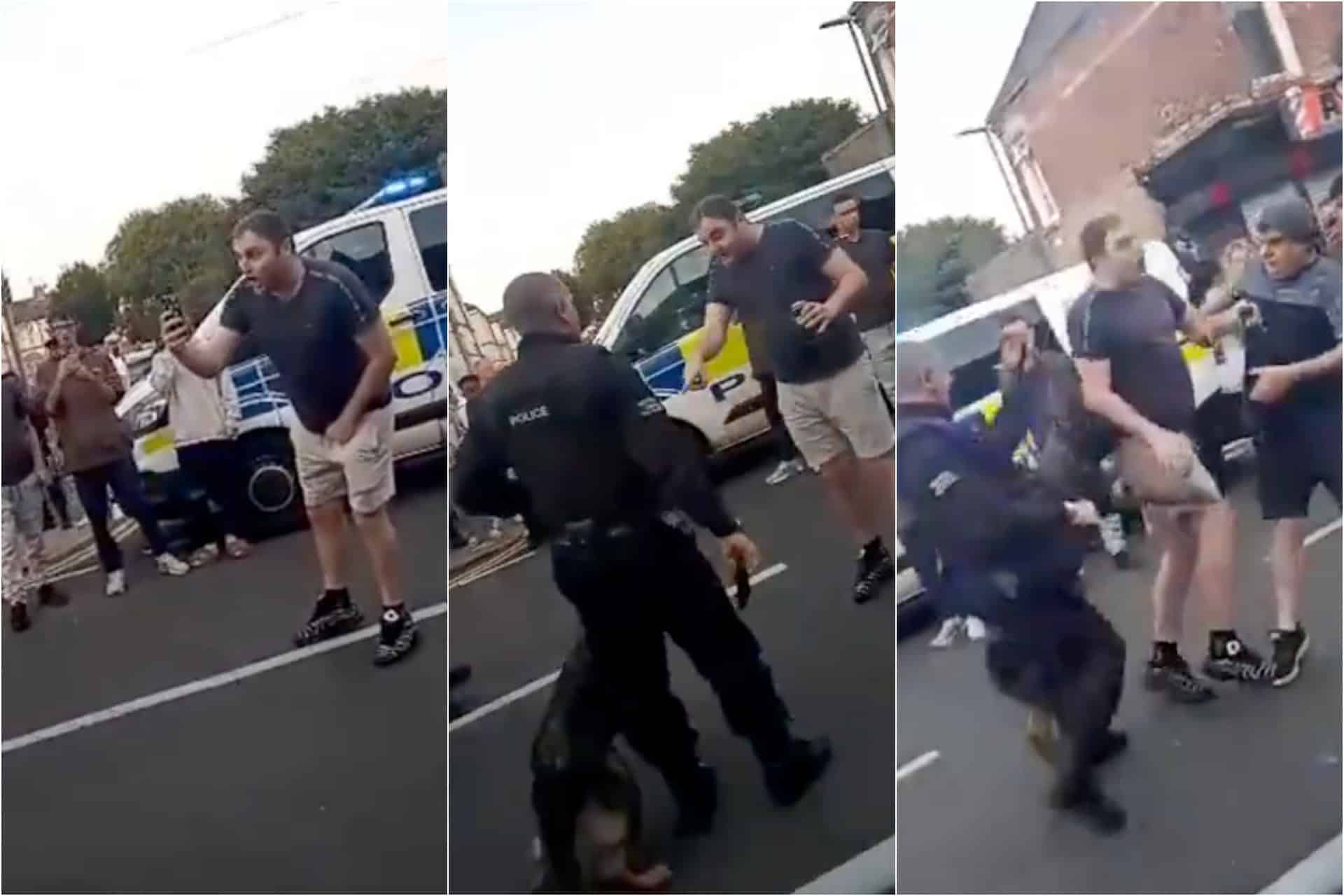 Police dog delivers instant karma to beer can-swilling protester