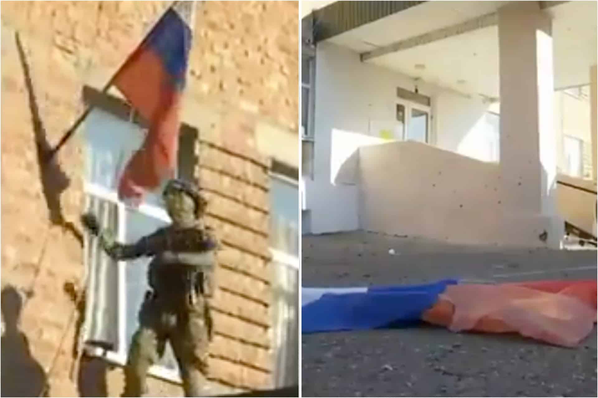 Ukrainian soldiers tear down Russian flags as Kursk incursion continues