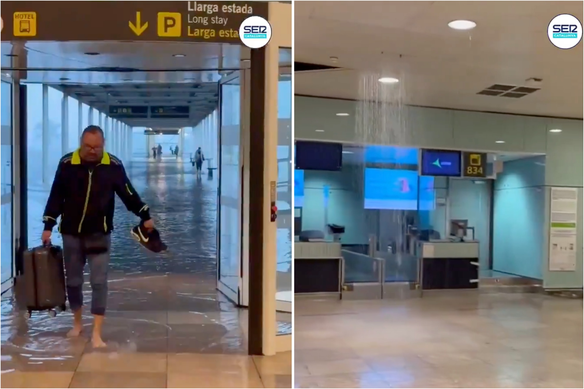 Passengers at Barcelona airport wade through flood water as brutal storms continue to batter Spain